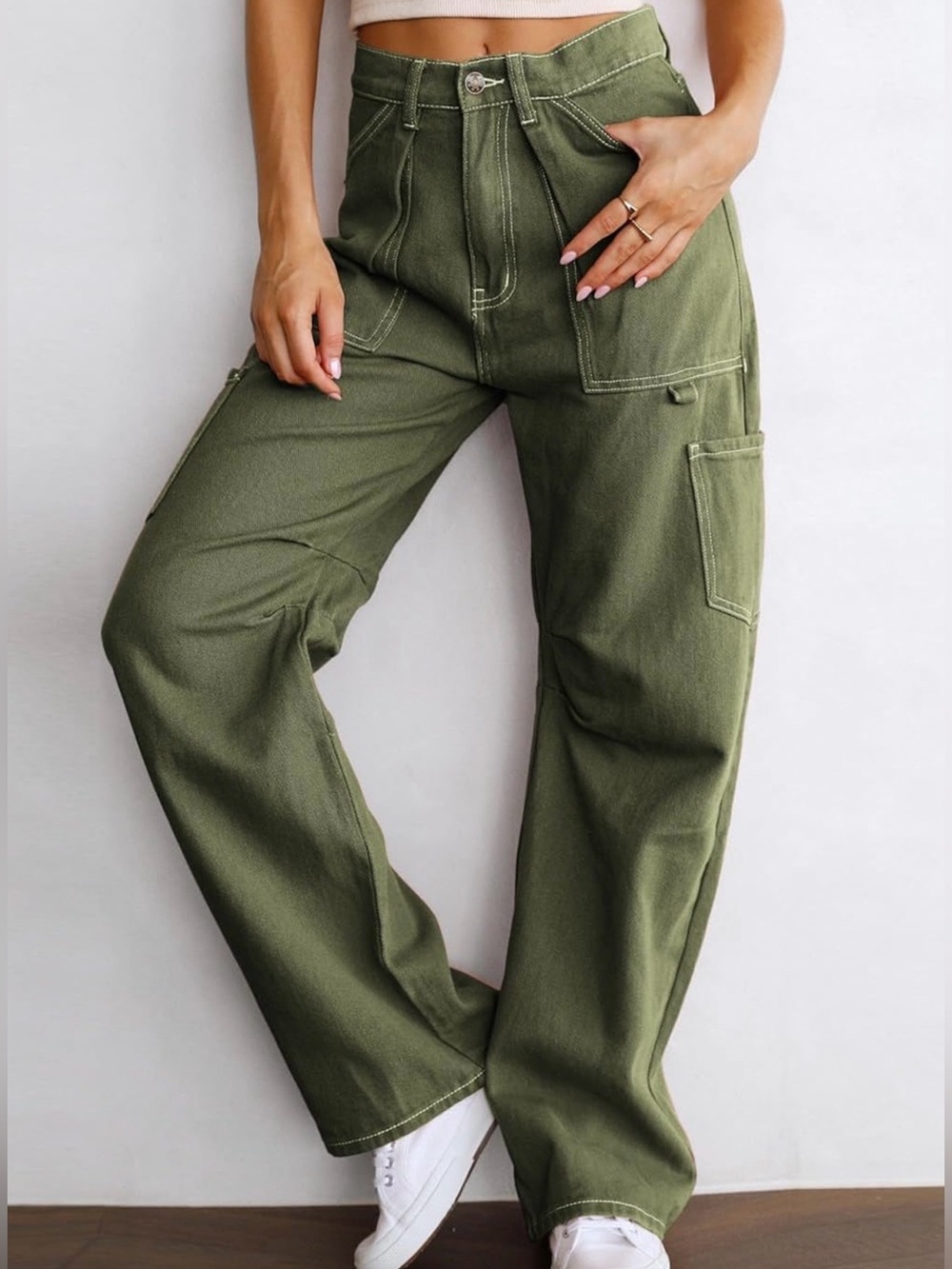 NWT DOKOTOO Sz 14 Olive Carpenter Utility Cargo High Waist White Stitch Stretch - Picture 2 of 16